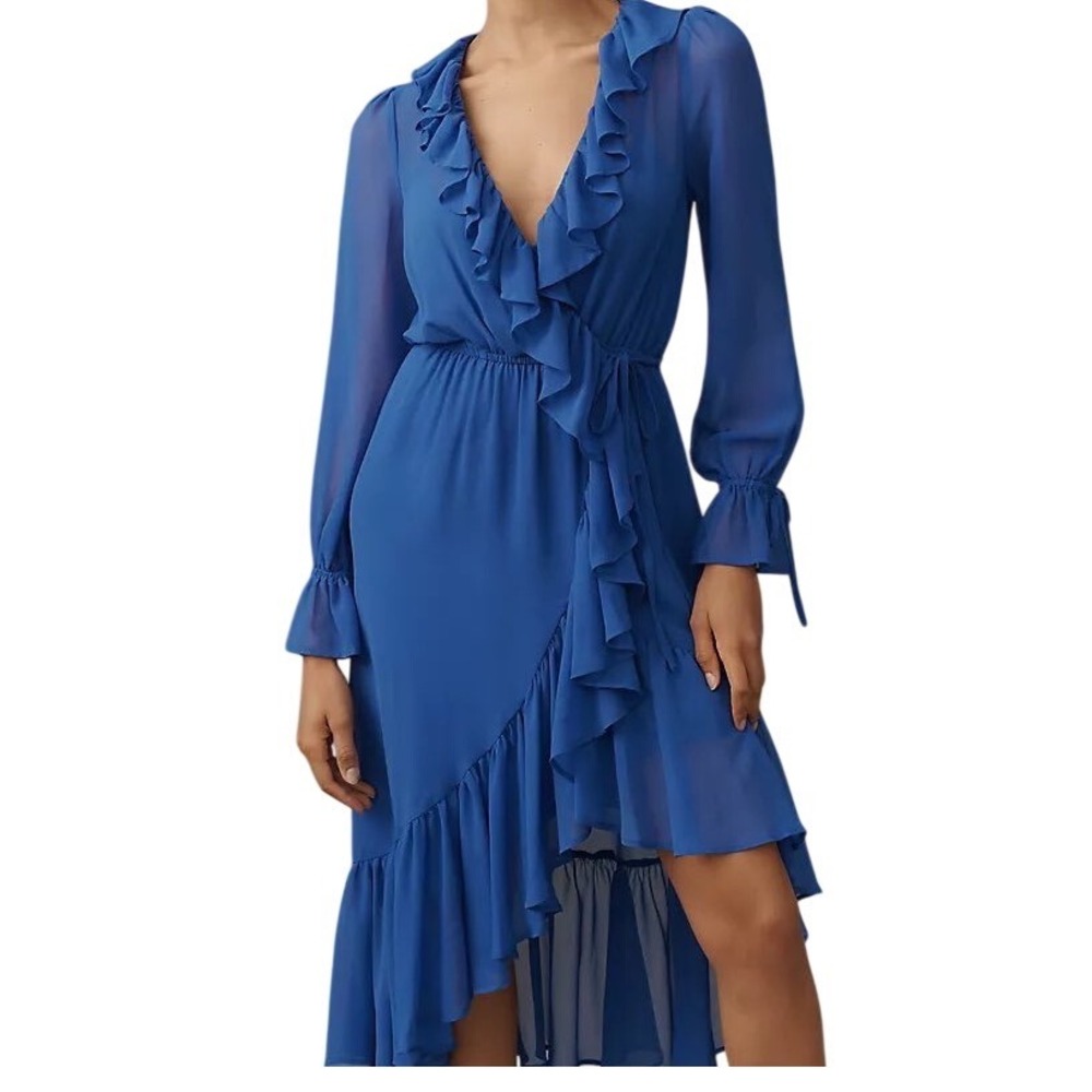 NWT Anthropologie Long Sleeve Ruffled Asymmetric Midi Dress Blue Sz XS Feminine